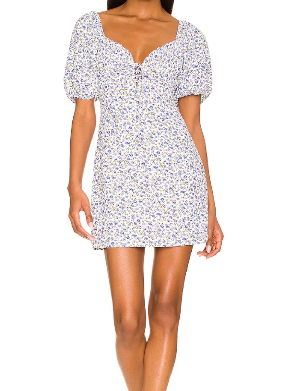 More to Come NEW Sherrie Floral Puff Sleeve Mini Dress in Blue and White Size XL